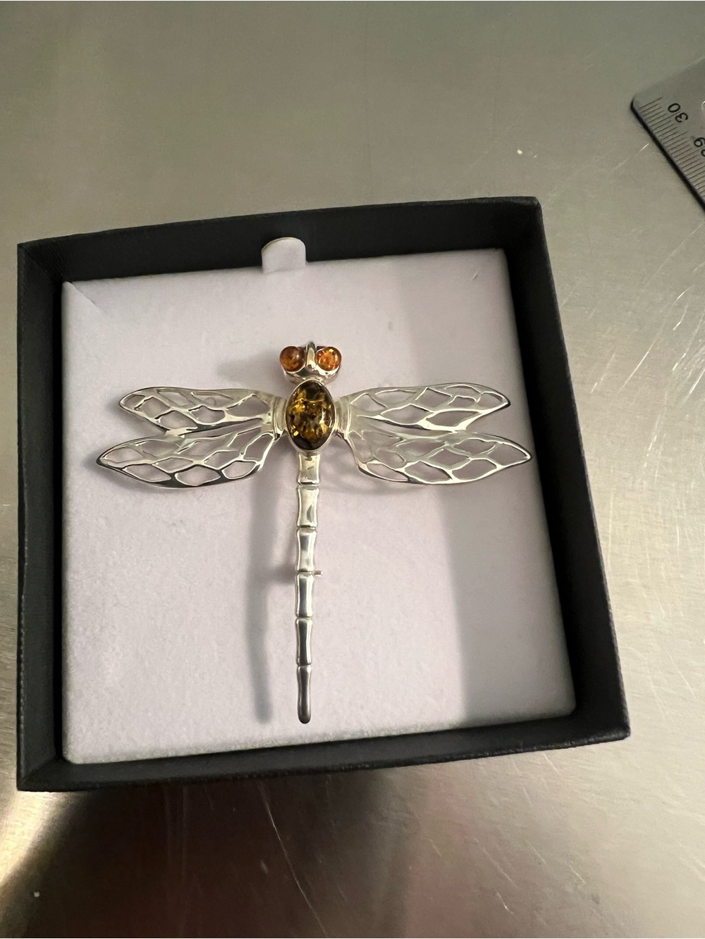Vintage Sterling Silver Dragonfly Brooch with Amber Stones